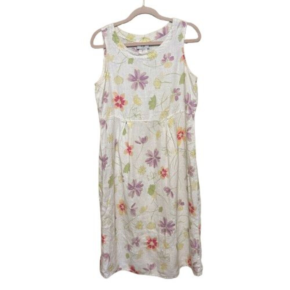 VTG Studio Ease 100% Linen Midi Dress Size 12P Petite Floral Cottage Boho 90s